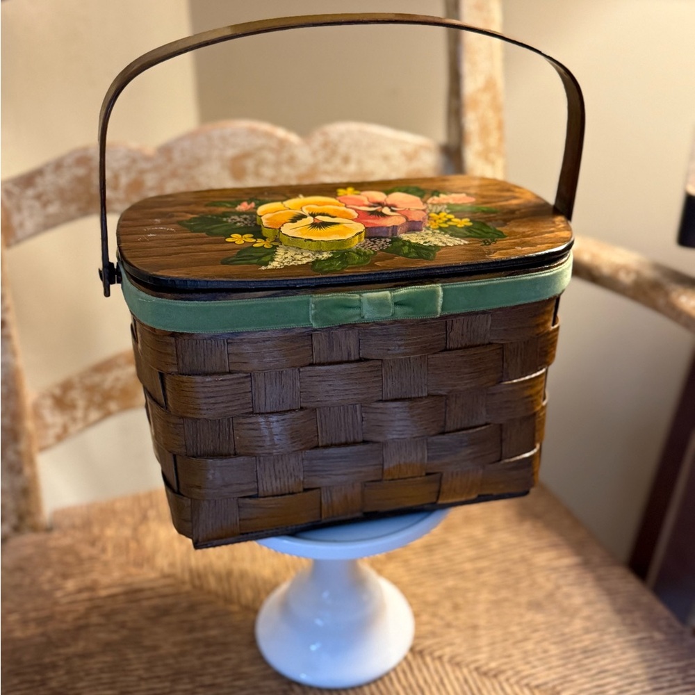 1970s Hand-Painted Floral Wicker Purse Basket